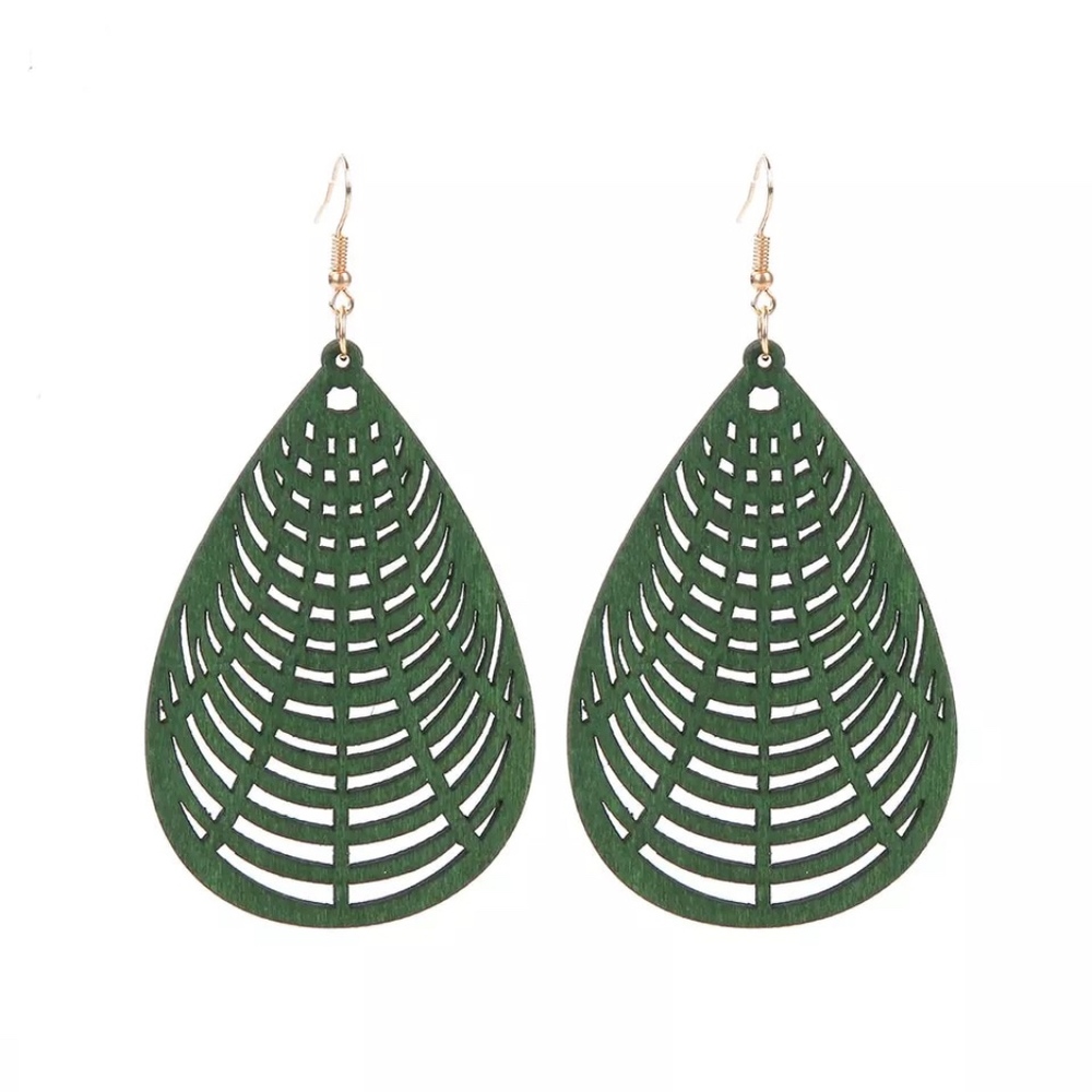 African Wooden Water Drop Earrings- Green